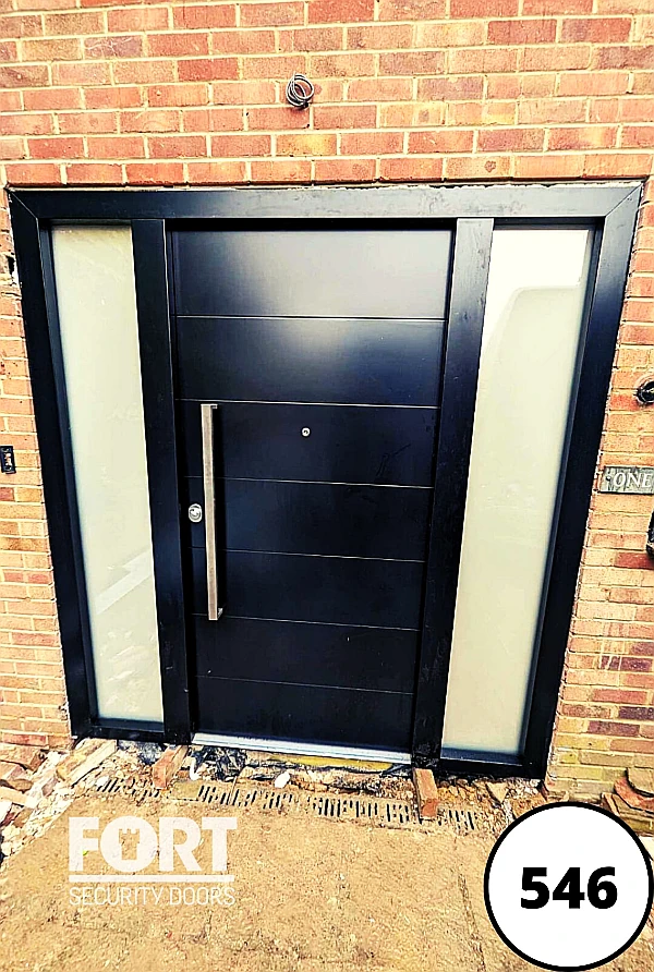 0546 Black Single Fort Security Door With Horizontal Lines Design And Side Glass Panels