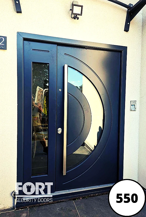 0550 Black Single Fort Security Door With Bespoke Design And Glass