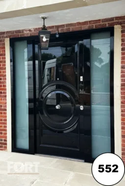 0552 Gloss Black Security Door With Circular Design And Full Height Glass Side Panels