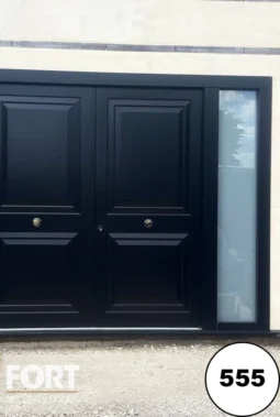 0555 Matte Black Double Security Doors With Panel Design And Frosted Glass Side Panels V02