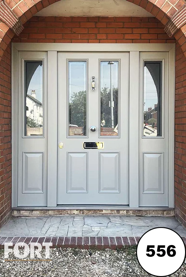 0556 Light Grey Victorian Security Door With Arched Glass Side Panels And Brass Ironmongery