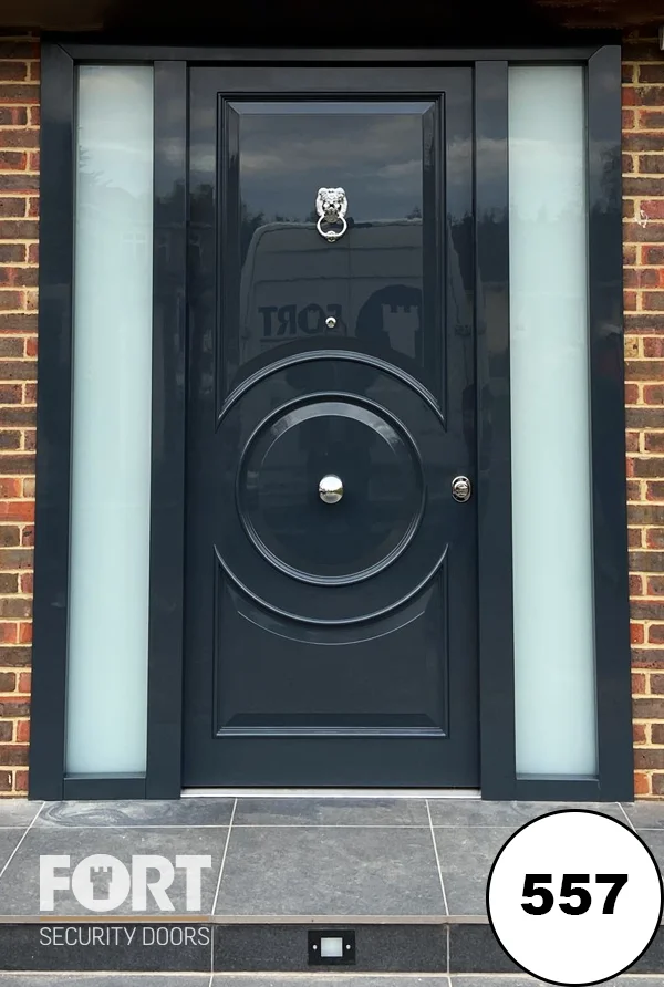 0557 Dark Grey Gloss Security Door With Circular Centrepiece And Chrome Lion Knocker