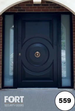 0559 Matte Dark Grey Security Door With Circular Centrepiece In Arched Stone Entrance V02