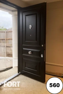 0560 Matte Black Security Door With Four Panel Design And Chrome Doctor's Knocker