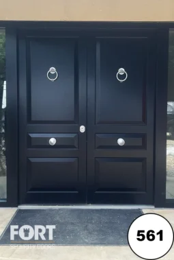 0561 Matte Black Double Security Doors With Ring Knockers And Tinted Glass Side Panels