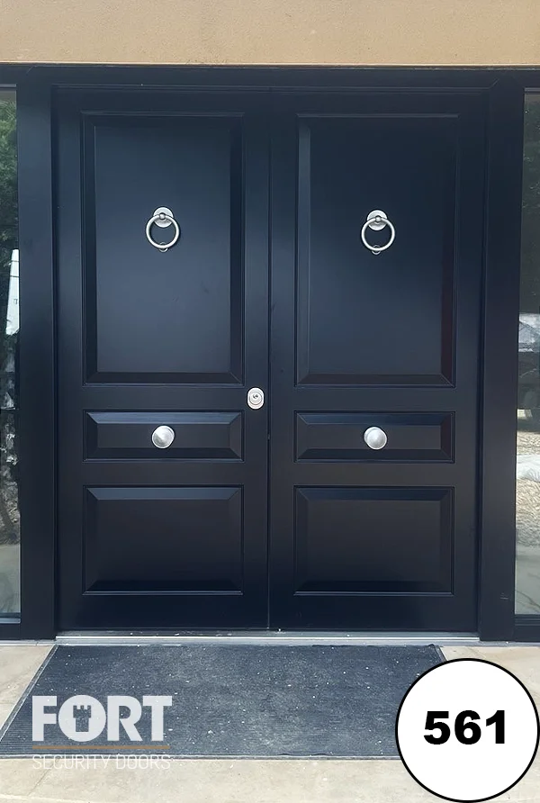 0561 Matte Black Double Security Doors With Ring Knockers And Tinted Glass Side Panels