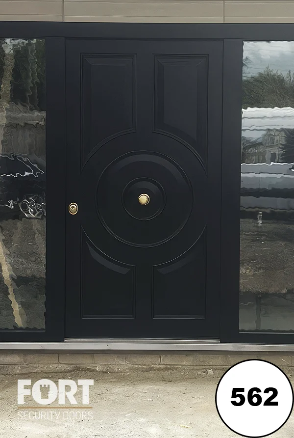0562 Dark Grey Security Door With Circular Centrepiece And Wide Tinted Glass Side Panels V02