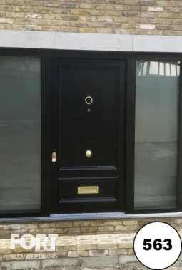0563 Matte Black Security Door With Brass Ironmongery And Tinted Glass Side Panels V01