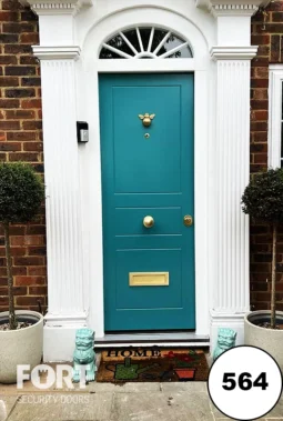 0564 Teal Security Door With Brass Ironmongery And Georgian Fanlight Surround