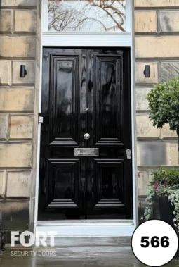0566 Gloss Black Georgian Security Door With Six Panel Design And Transom Window