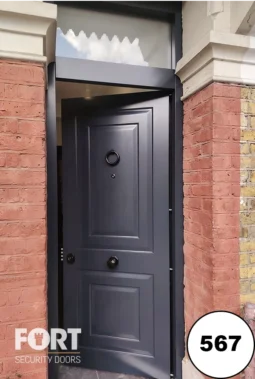 0567 Anthracite Grey Security Door With Two Panel Design And Glass Transom