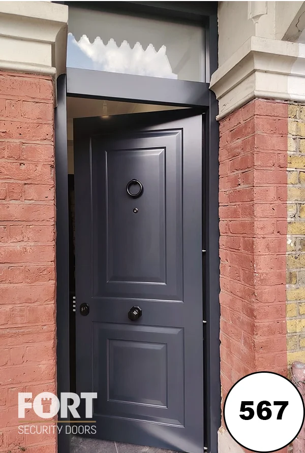 0567 Anthracite Grey Security Door With Two Panel Design And Glass Transom