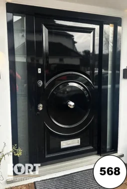 0568 Gloss Black Security Door With Circular Centrepiece, Chrome Handle And Tinted Glass Side Panels