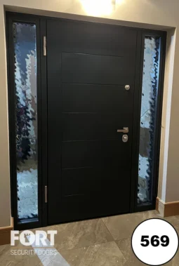 0569 Matte Black Contemporary Security Door With Horizontal Lines And Chrome Lever Handle