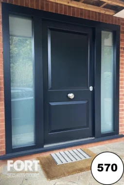 0570 Anthracite Grey Security Door With Two Panel Design And Frosted Glass Side Panels