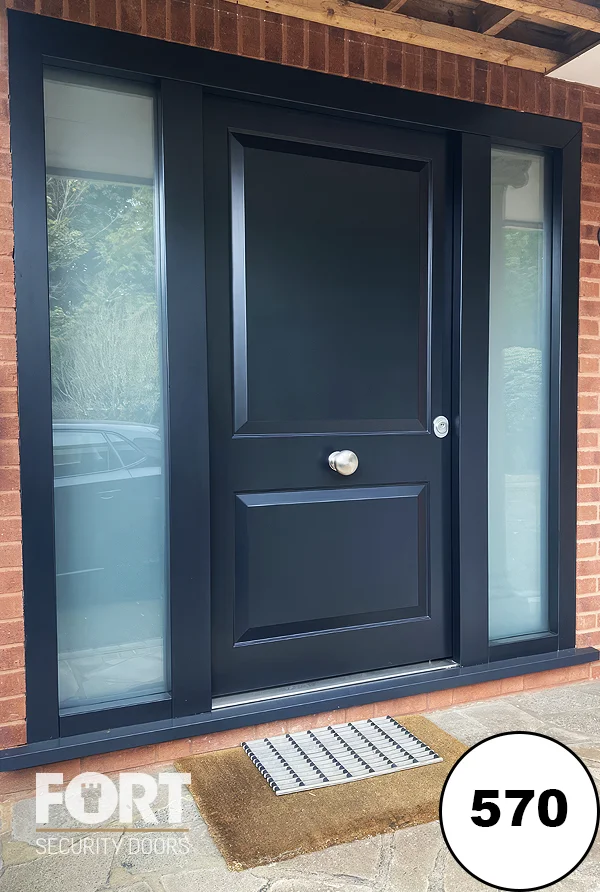 0570 Anthracite Grey Security Door With Two Panel Design And Frosted Glass Side Panels