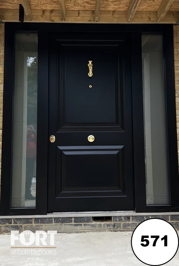 0571 Matte Black Security Door With Three Panel Design And Polished Brass Ironmongery