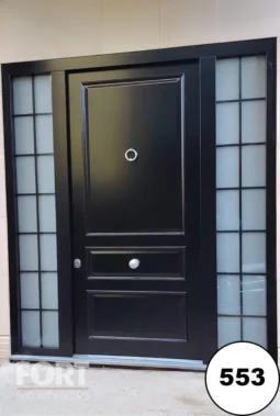 553 Matte Black Security Door With Three Panel Design And Gridded Glass Side Panels