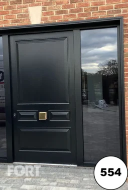554 Dark Grey Security Door With Victorian Panel Design And Tinted Glass Side Panels