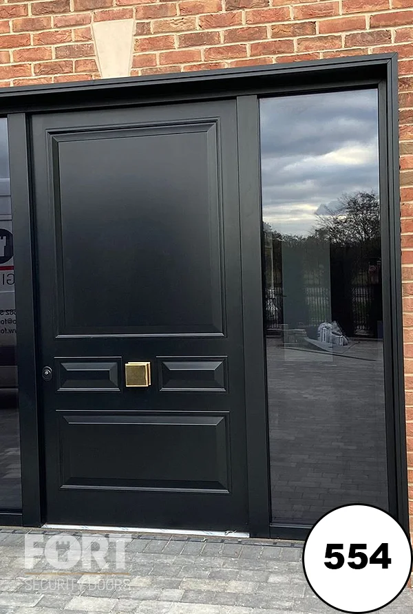 554 Dark Grey Security Door With Victorian Panel Design And Tinted Glass Side Panels