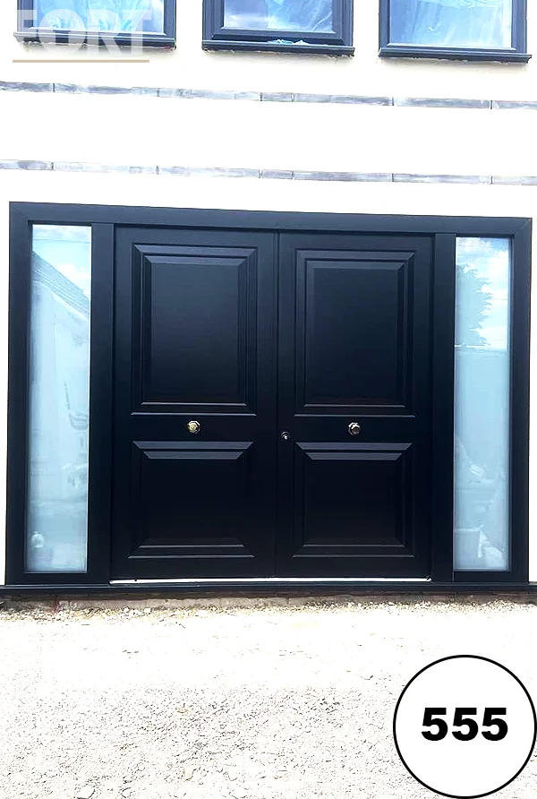 0555 Matte Black Double Security Doors With Panel Design And Frosted Glass Side Panels