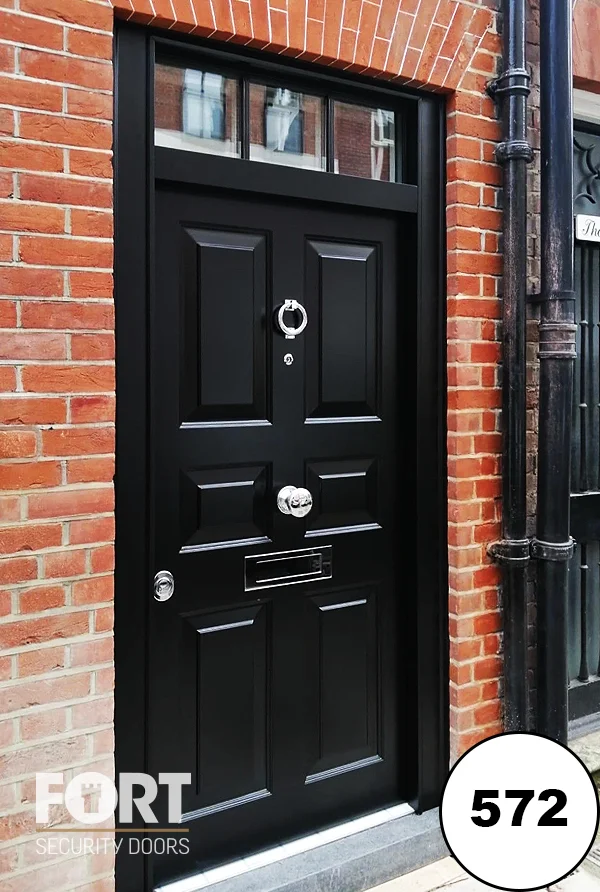 0572 Matte Black Six Panel Security Door With Chrome Ironmongery And Glazed Transom