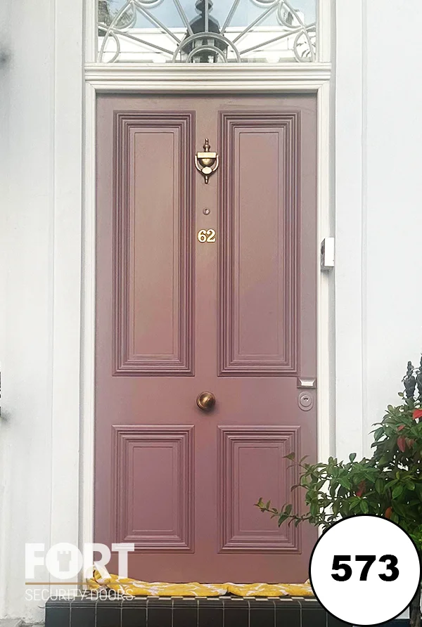 0573 Dusky Pink Security Door With Four Panel Design And Decorative Fanlight Transom V01