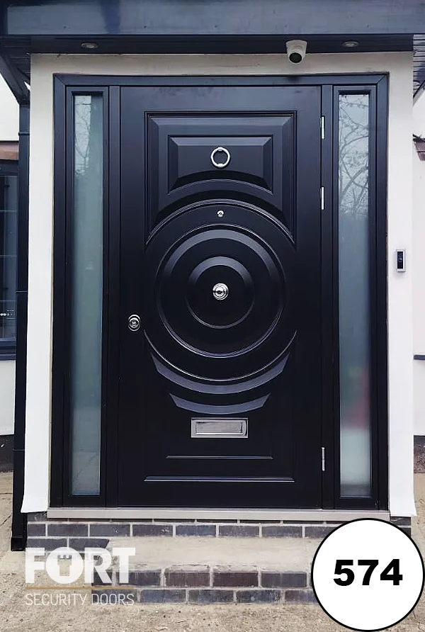 0574 Matte Black Security Door With Concentric Circle Design And Frosted Glass Side Panels
