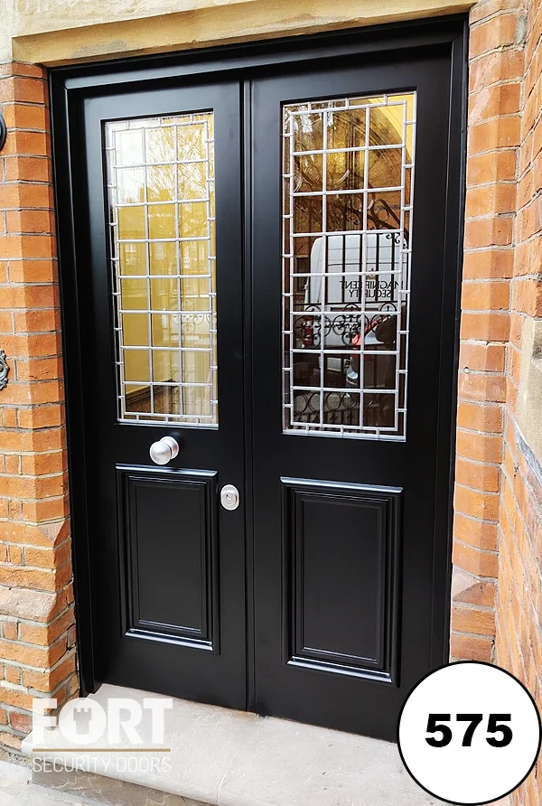 0575 Matte Black Double Security Doors With Leaded Glass Panels And Chrome Hardware