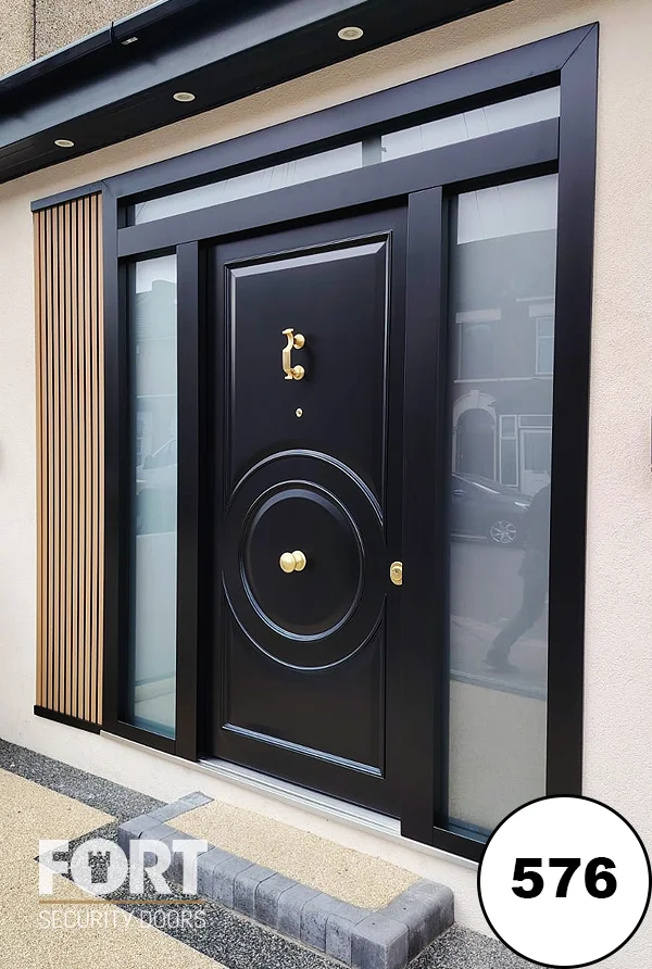 0576 Matte Black Security Door With Circular Centrepiece, Brass Hardware And Frosted Glass Surround