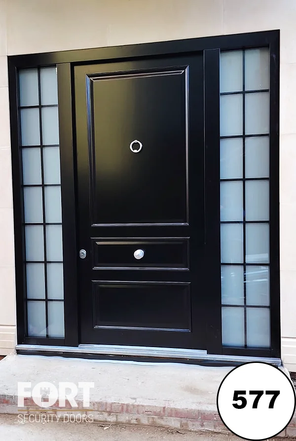 0577 Matte Black Security Door With Three Panel Design And Gridded Frosted Glass Side Panels