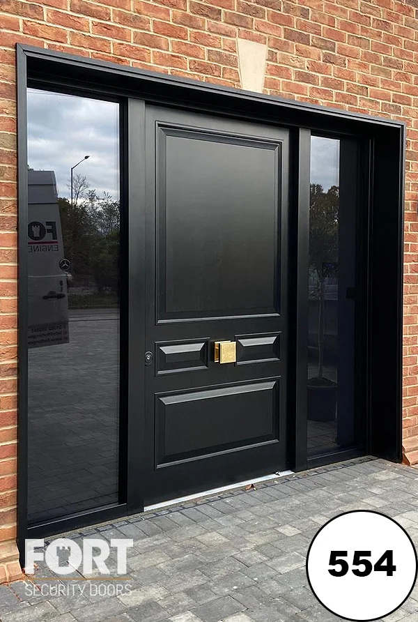 554 Dark Grey Security Door With Victorian Panel Design And Tinted Glass Side Panels V02